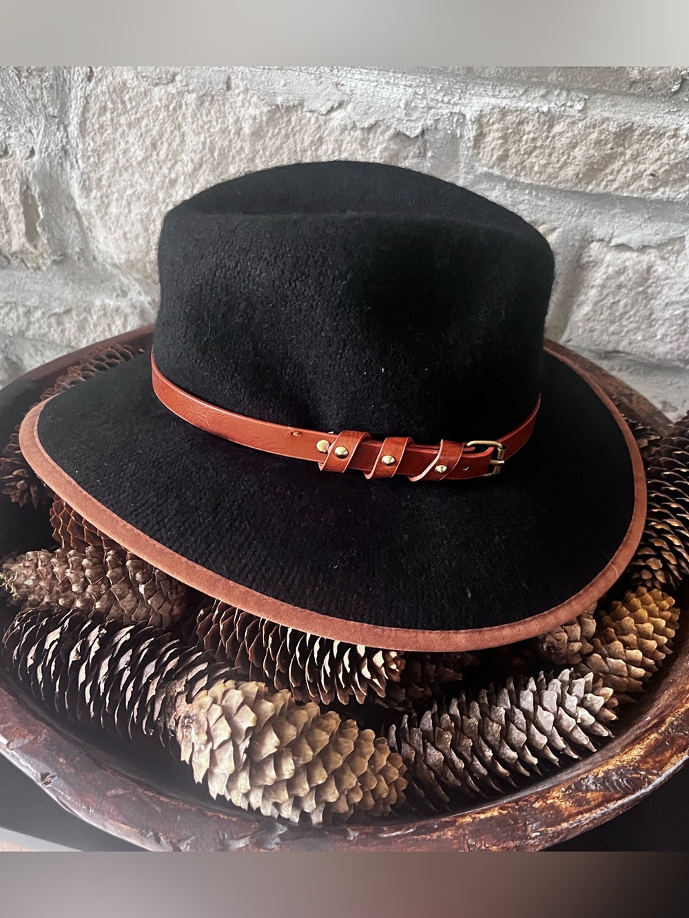 Anthropologie New Black Wool Felt Wide-Brim Hat with Brown Leather Band NWOT - Picture 7 of 16